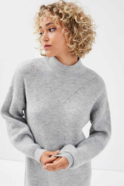 Robe pull droite col montant gris clair femme
