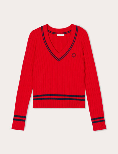 Pull manches longues torsades rouge foncé femme