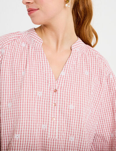 Blouse vichy brod&eacute;e rose femme