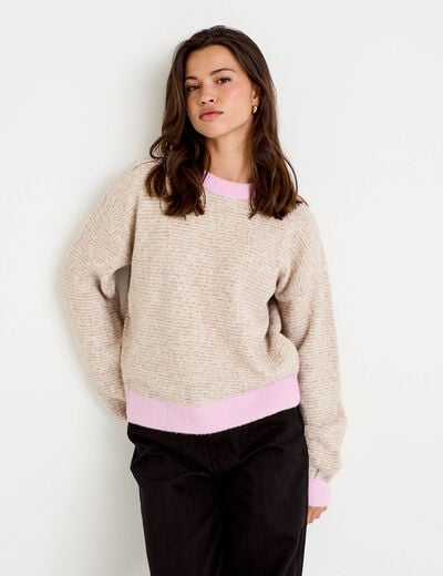Pull ample col rond manches longues marron femme