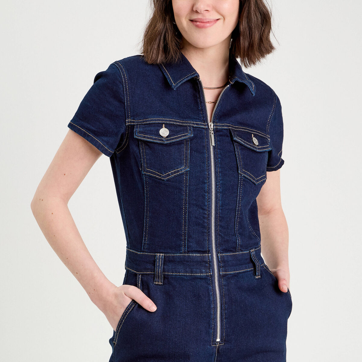 Combinaison pantalon en jean denim brut femme