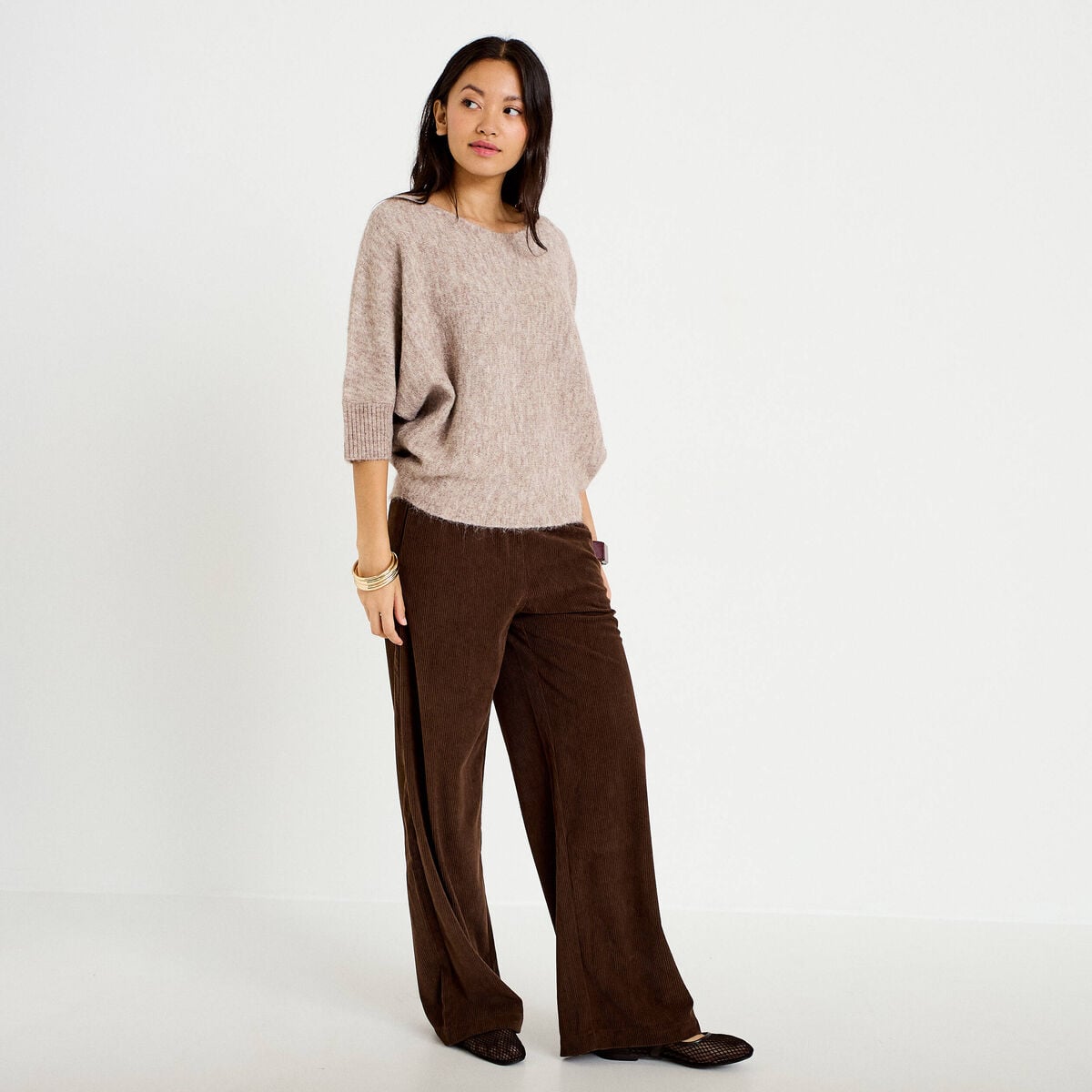 Pantalon bootcut taille standard velours marron fonc&eacute; femme