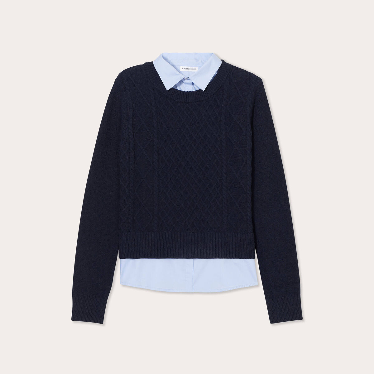Pull chemise 2-en-1 bleu marine femme