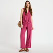 Pantalon large taille haute en cr&ecirc;pe prune femme