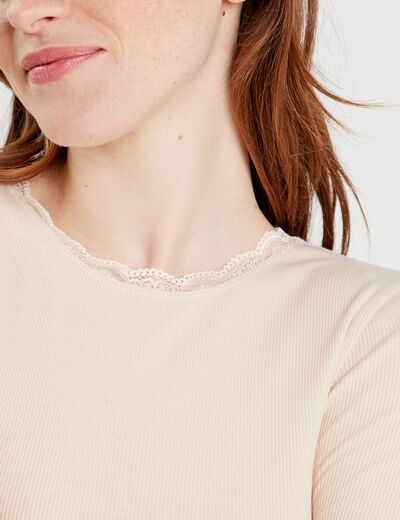 T-shirt cropped côtelé ecru femme