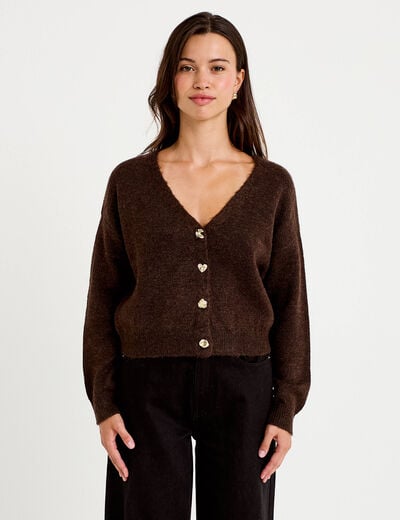 Gilet col v manches longues marron fonc&eacute; femme