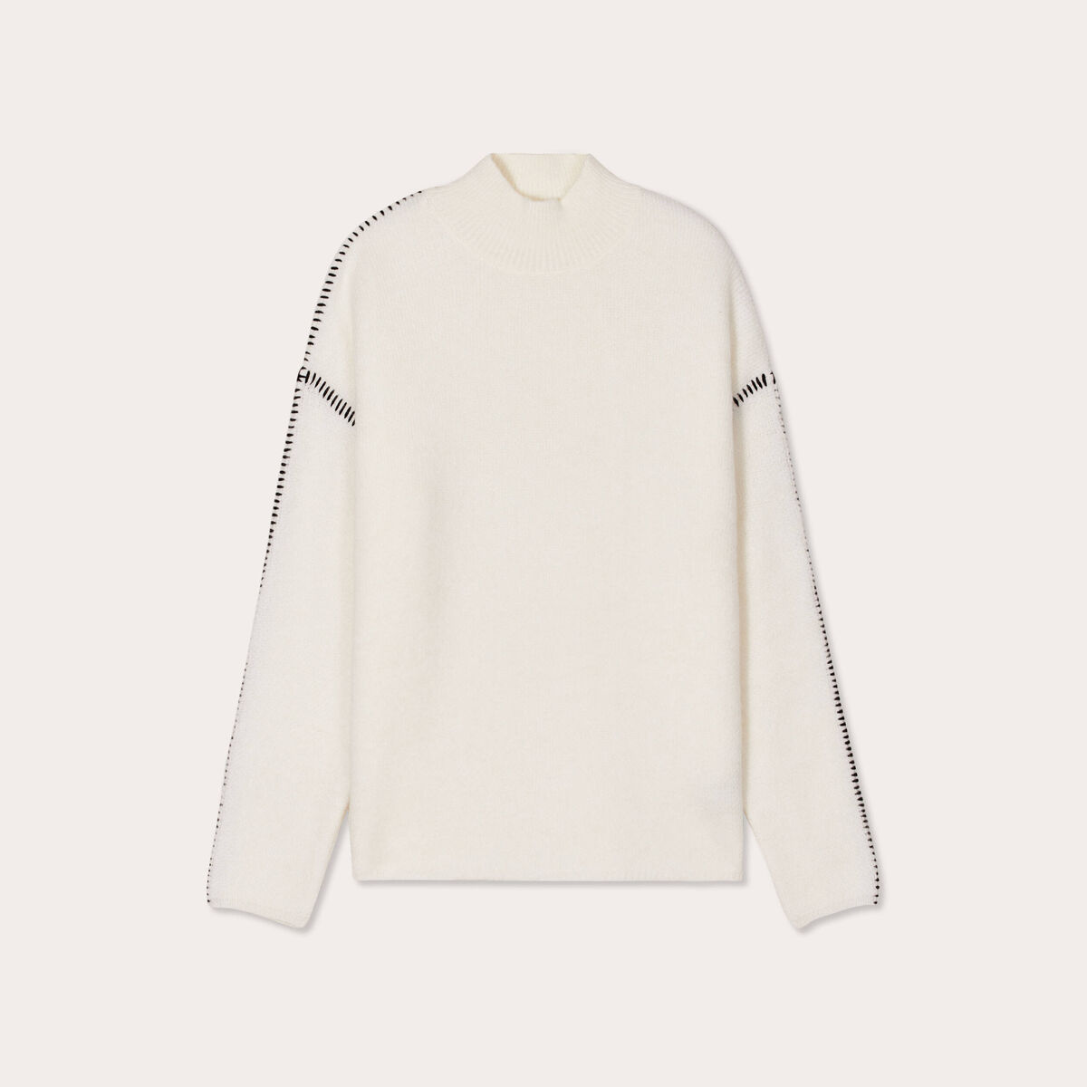 Pull brod&eacute; col montant ecru femme