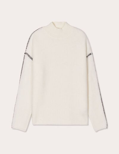 Pull brodé col montant ecru femme
