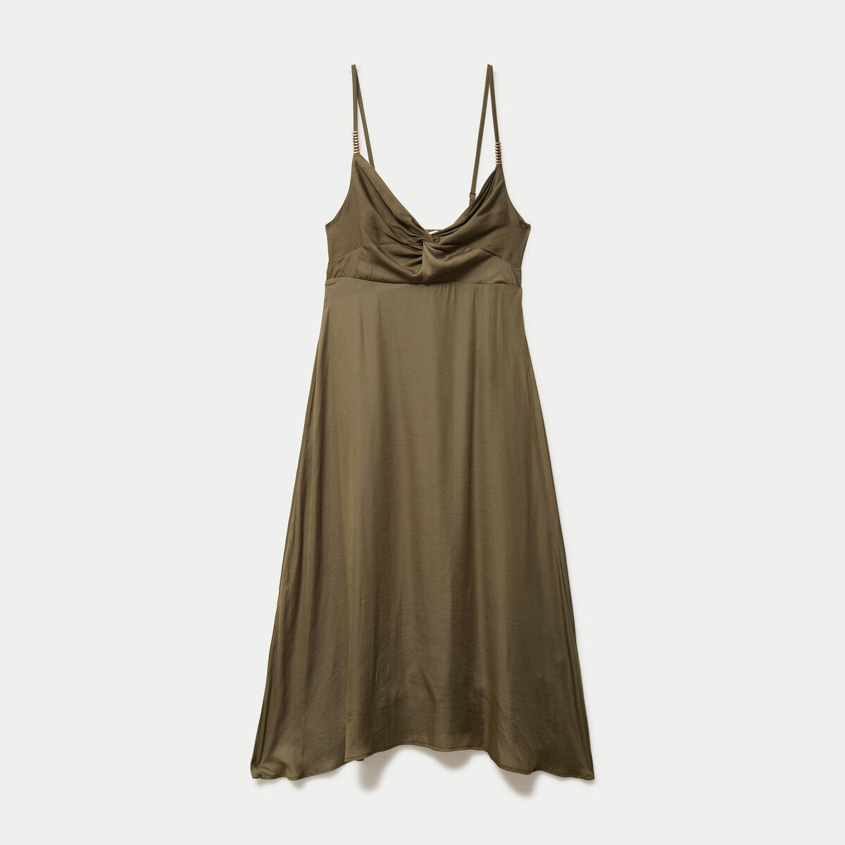 Robe longue &eacute;vas&eacute;e col v satin&eacute;e vert kaki femme