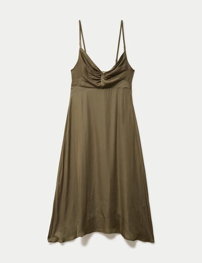 Robe longue &eacute;vas&eacute;e col v satin&eacute;e vert kaki femme