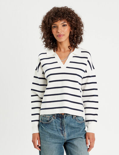 Pull manches longues col polo ecru femme