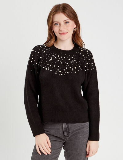 Pull perles et détails bijoux noir femme