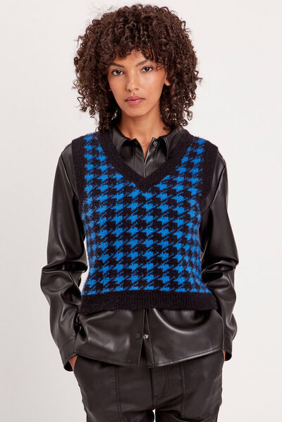 Pull sans manches col en V bleu electrique femme