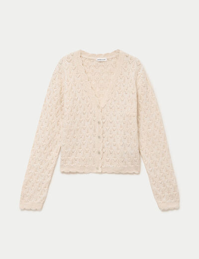Gilet ajour&eacute; col v manches longues ecru femme