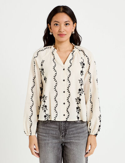 Blouse droite col am&eacute;ricain broderie blanc femme