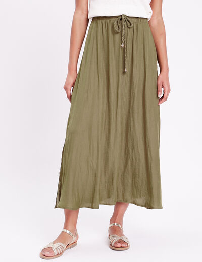 Jupe longue évasée satin vert kaki femme
