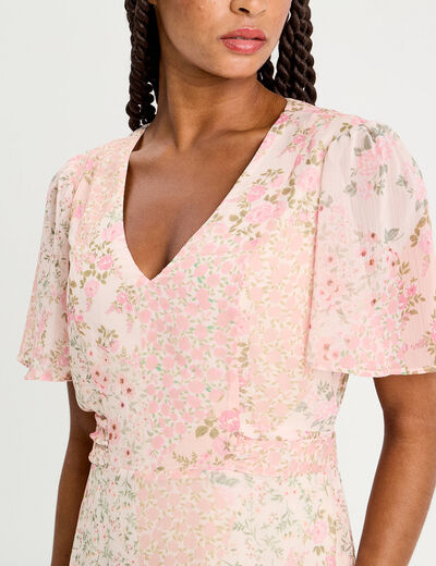 Robe midi évasée col en V rose pastel femme
