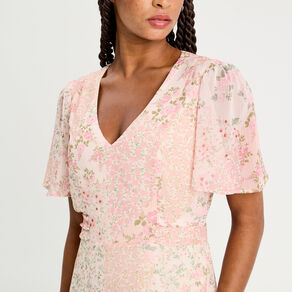 robe midi evasee col en v rose pastel femme Robe midi évasée col en V rose pastel femme