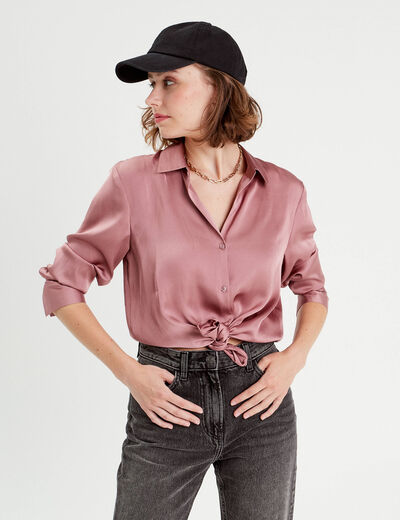 Chemise manches longues satin vieux rose femme