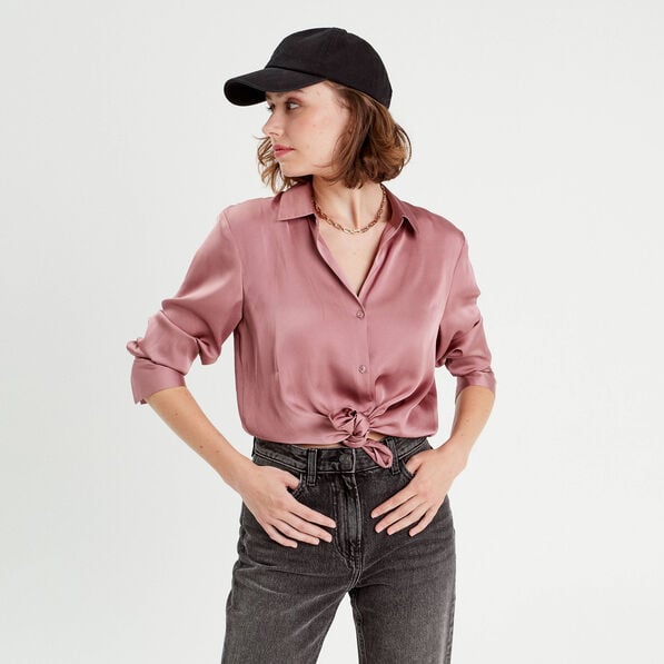 chemise manches longues satin vieux rose femme Chemise manches longues satin vieux rose femme