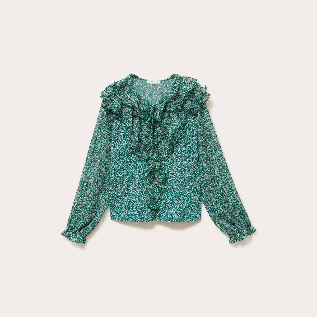 Blouse &agrave; volants vert fonc&eacute; femme