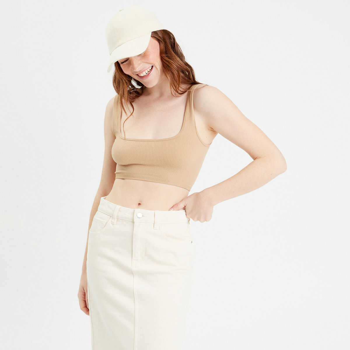 D&eacute;bardeur cropped c&ocirc;tel&eacute; beige femme
