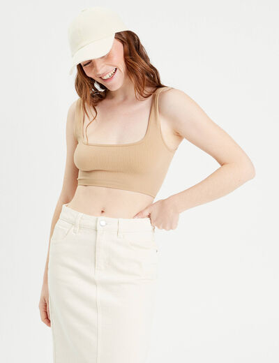 Débardeur cropped côtelé beige femme