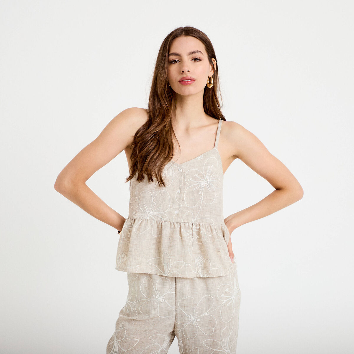 Top col v bretelles fines chin&eacute; beige femme