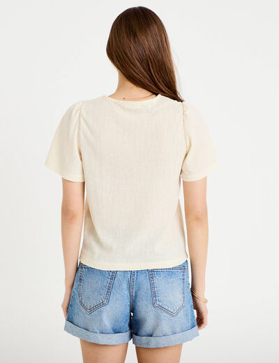 T-shirt manches courtes aspect dentelle ecru femme
