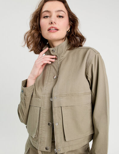 Veste droite col montant vert kaki femme
