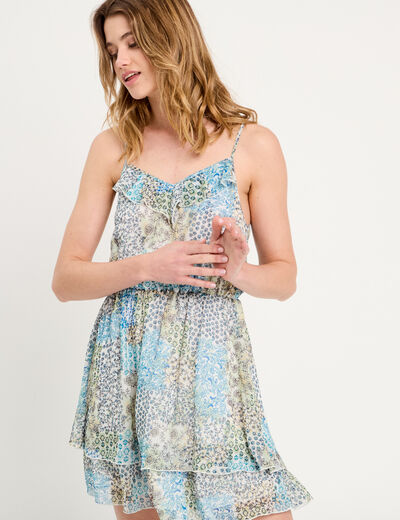 Robe évasée volants bleu femme