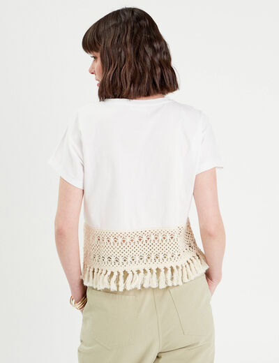 T-shirt franges crochet ecru femme