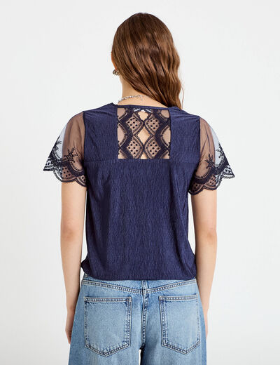Blouse col v manches courtes dentelle bleu marine femme