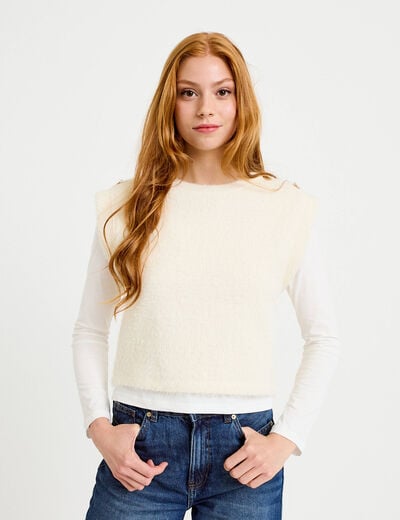 Pull 2-en-1 manches longues col rond ecru femme