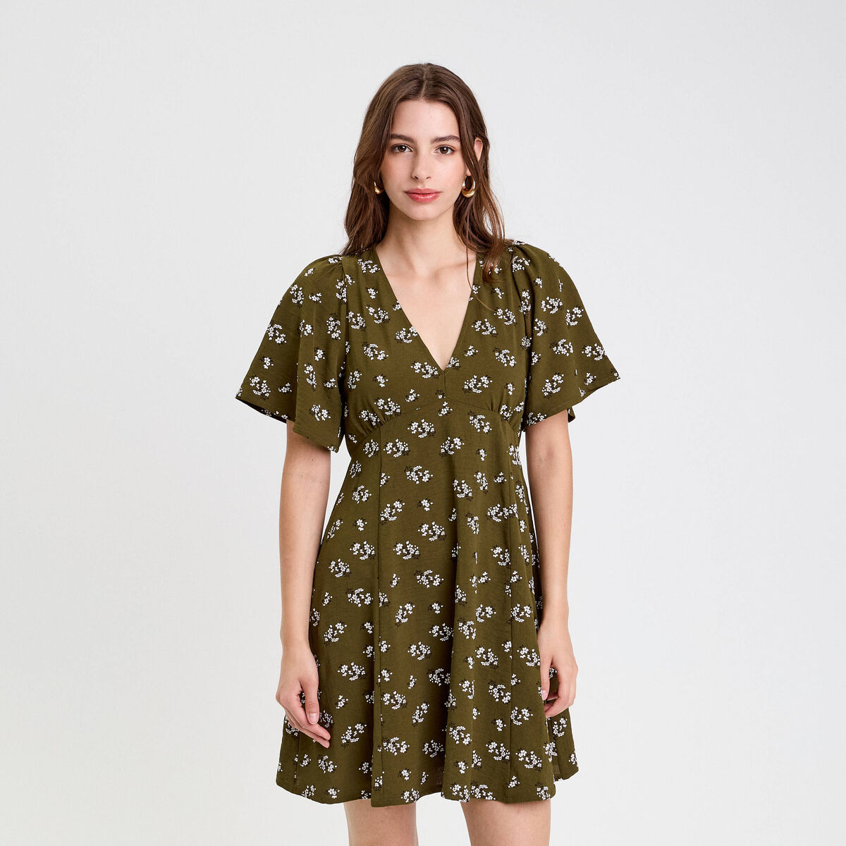 Robe évasée manches courtes vert kaki femme