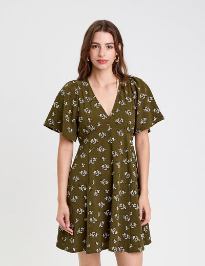 Robe évasée manches courtes vert kaki femme