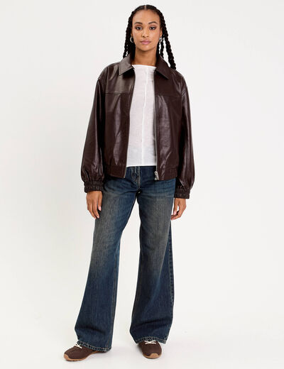 Bomber oversize similicuir col chemise marron foncé femme