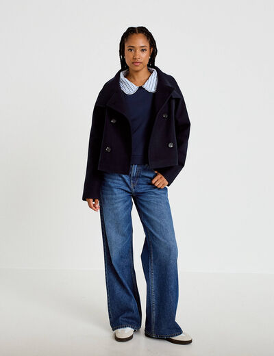 Veste chin&eacute;e col montant manches longues bleu marine femme