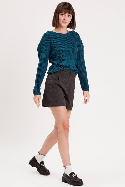 Pull manches longues bleu pétrole femme