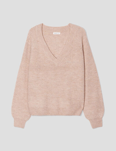 Pull avec col en V beige femme