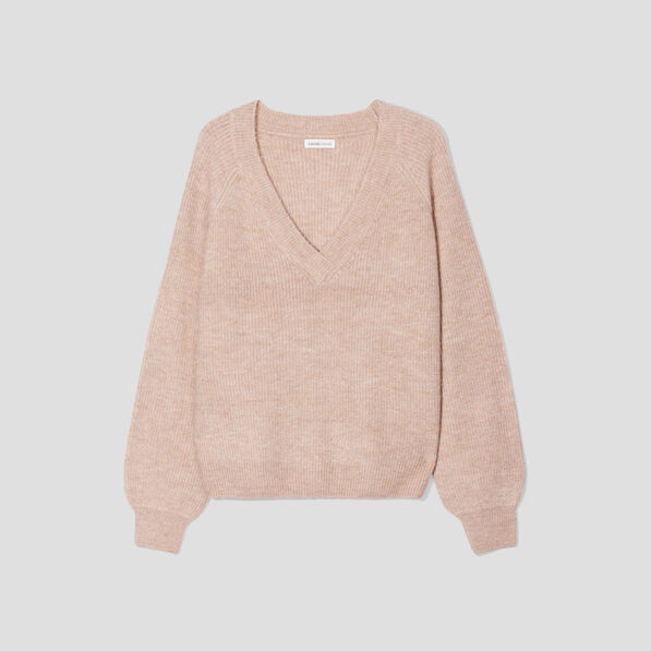 Pull avec col en V beige femme