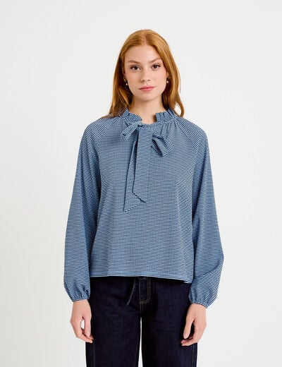 Blouse col montant manches longues bleu femme