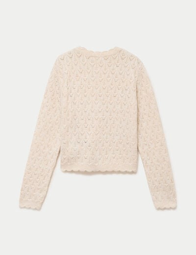 Gilet ajour&eacute; col v manches longues ecru femme