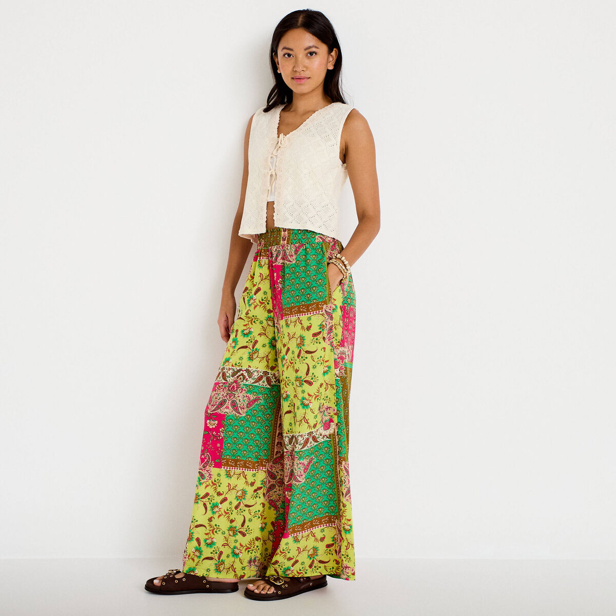 Pantalon large taille standard vert femme