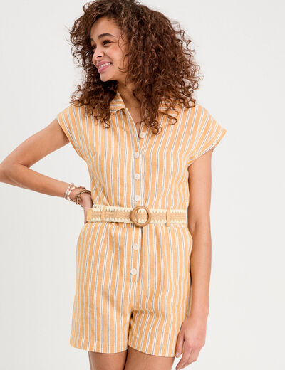 Combishort ceinturée contenant du lin jaune femme