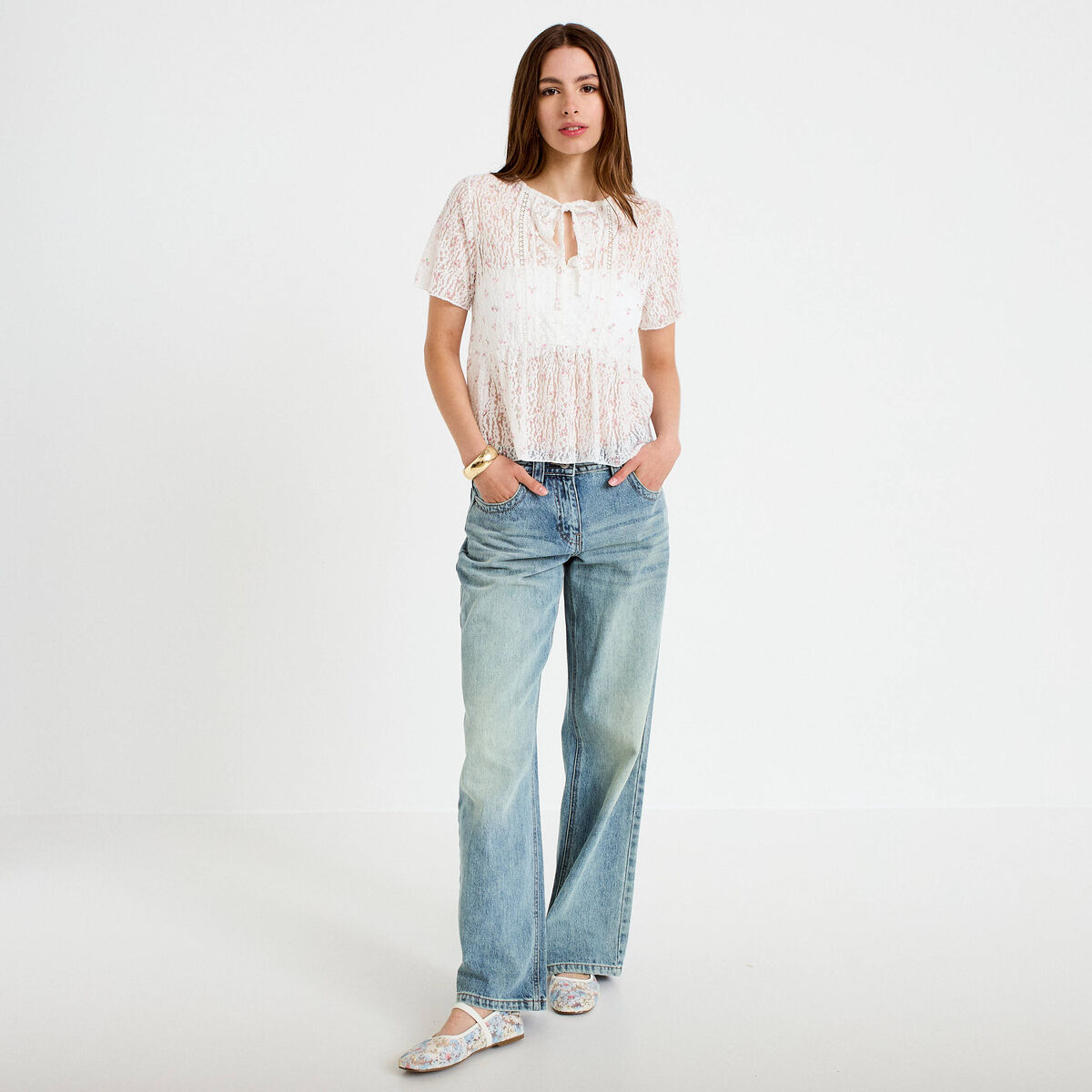 Blouse dentelle col rond manches courtes blanc femme