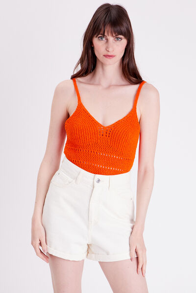 Pull débardeur crochet orange femme