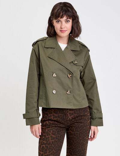 Trench court boutonné vert kaki femme