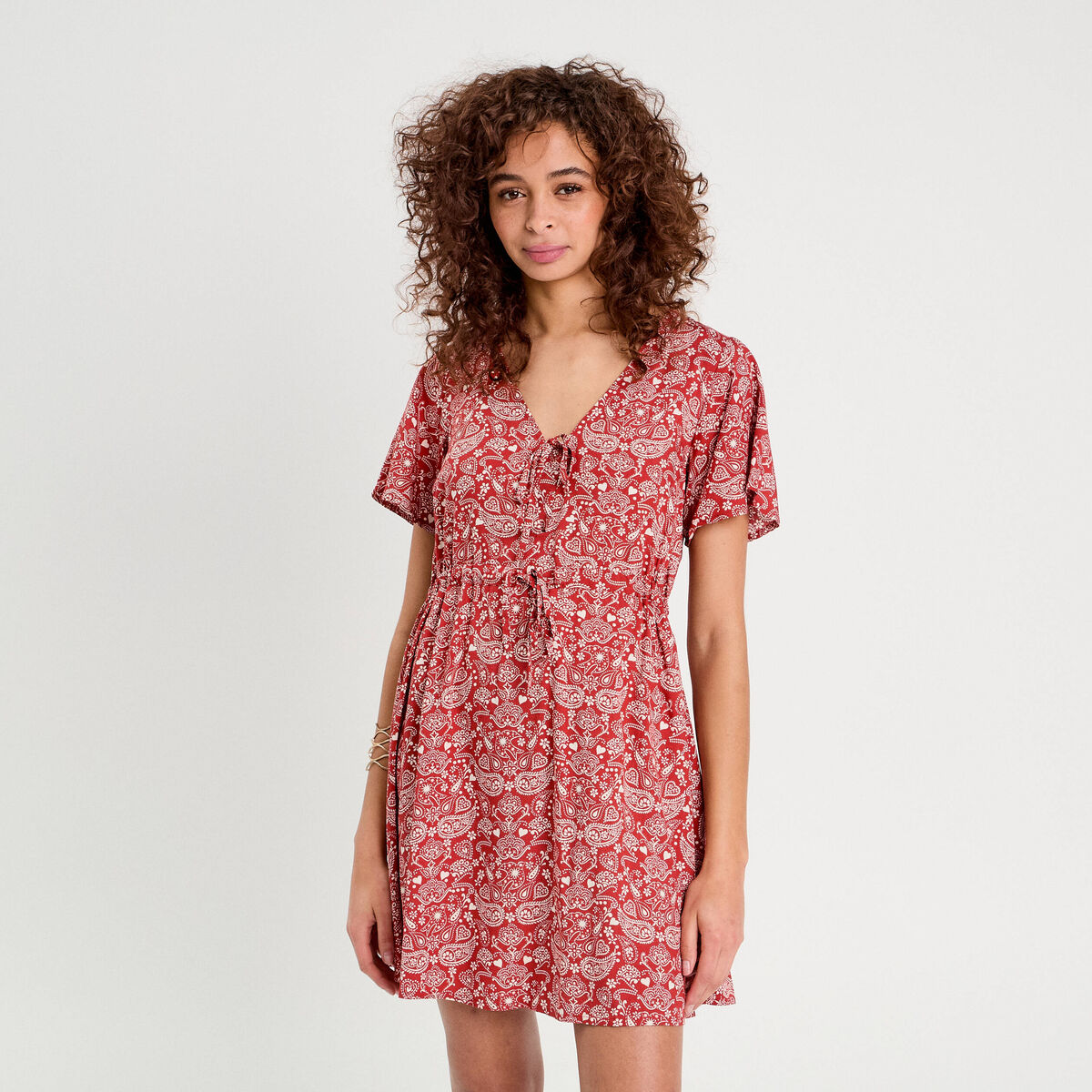 Robe évasée détails noeuds rouge foncé femme