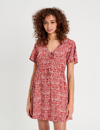 Robe évasée détails noeuds rouge foncé femme